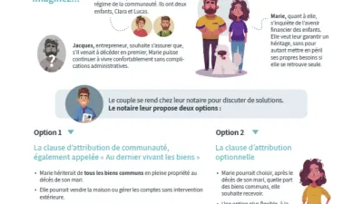 Infographie juridique sur la clause d'attribution dans le contrat de mariage pour préparer une succession.ocuments et factures lors de travaux chez soi.